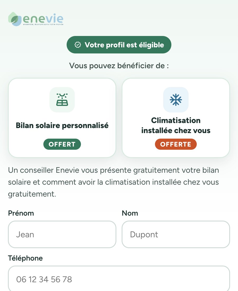 Landing page Enevie, formulaire de contact